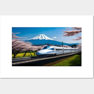 Shinkansen Bullet Train With Mt Fiji Digital Drawing Posters and Art